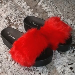 Red & Black Faux Fur Platform Sandals